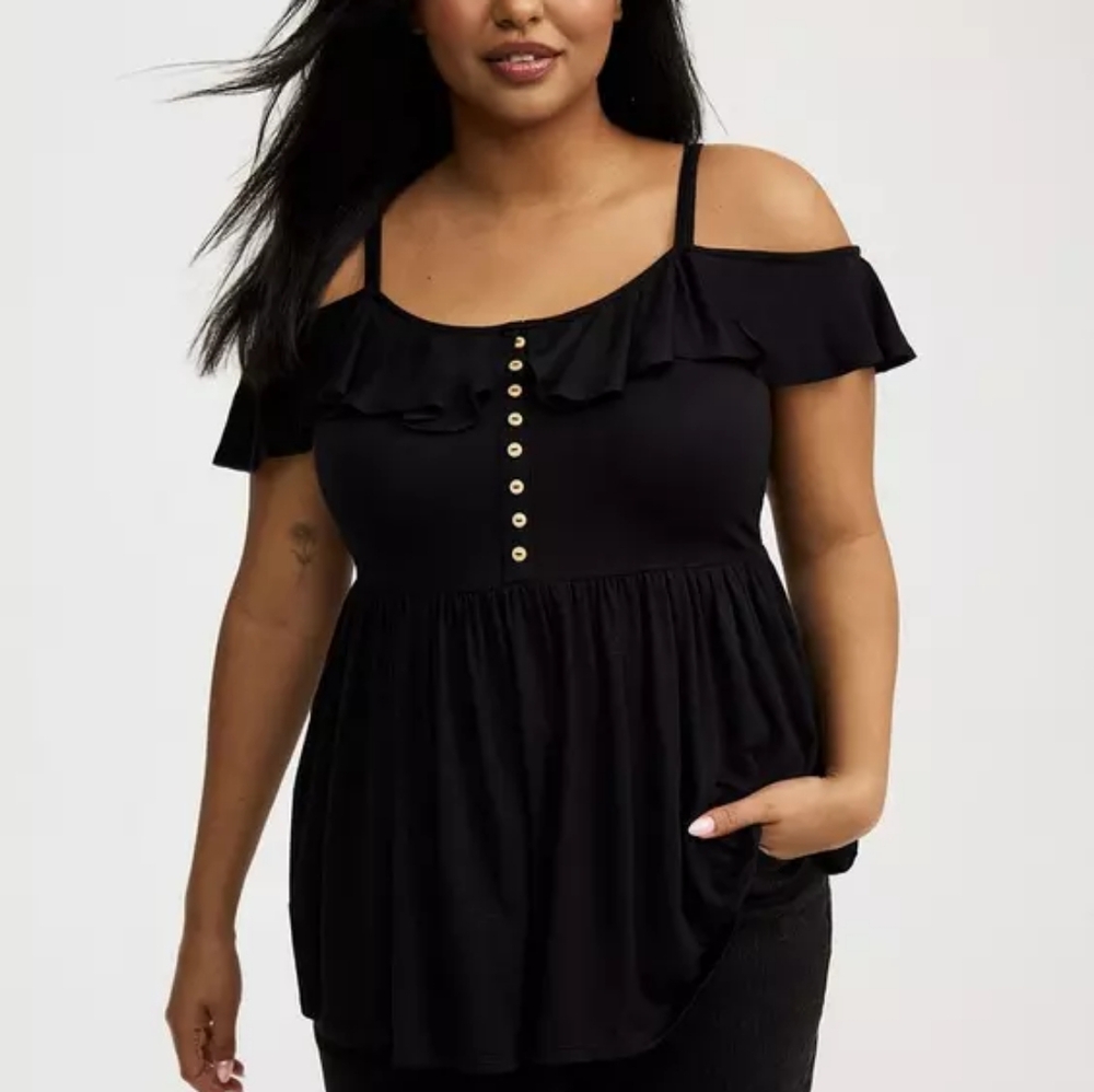 Torrid Black Ruffle Off-Shoulder Front Button Babydoll Top Size 1X